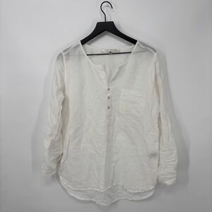 Max Studio Popover‎ Tunic Blouse Women Medium White Linen Blend Roll Tab Sleeve